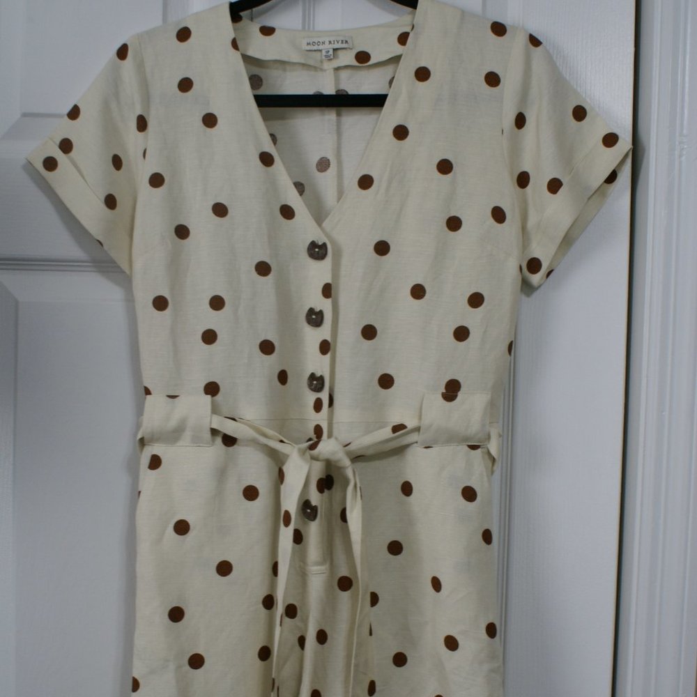 Anthropologie Moon River Jumper Romper Size Small Petite Cream Brown Pockets